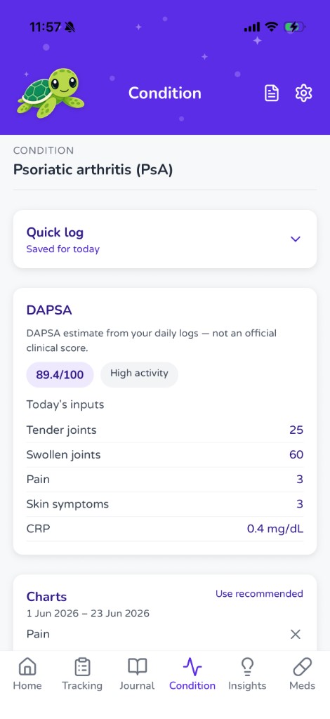 Hurtl Condition tab showing DAPSA score for psoriatic arthritis