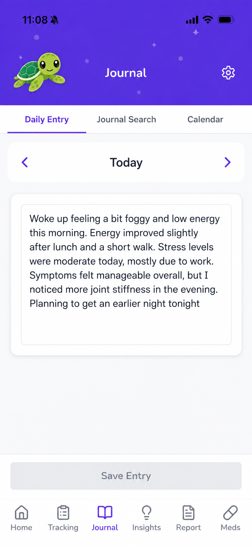 Hurtl journal screen showing daily text entry