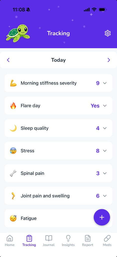 Hurtl tracking screen listing symptom entries for the day